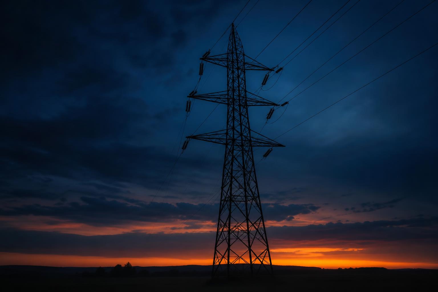 High-voltage electricity transmission tower silhouetted against a deep blue twilight sky.